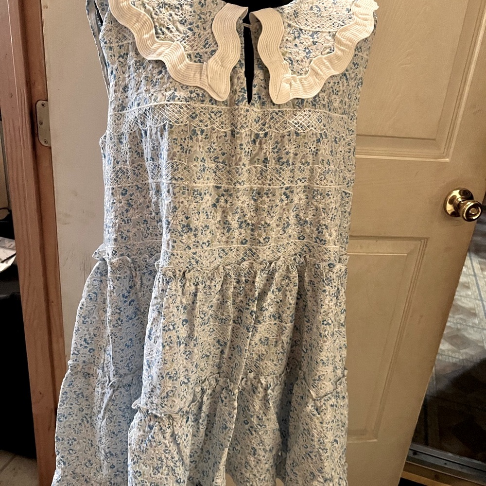 80’s Just Me Blue and White Smocked Sundress with Peter Pan Collar BabyDoll